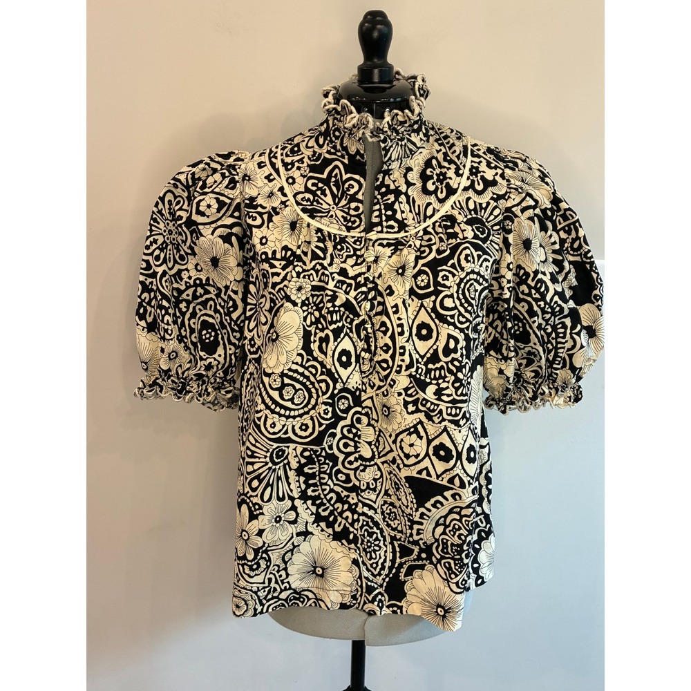 Umgee USA Black Cream Floral Paisley Ruffle Neck Puff Sleeve Cotton Blouse M